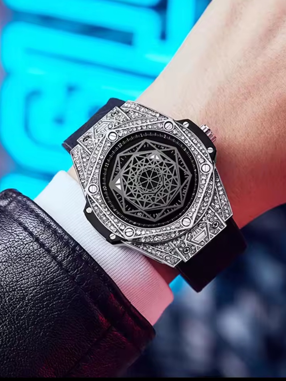 Diamond-Accented Black & Silver Watch— Luxury Geometric Dial